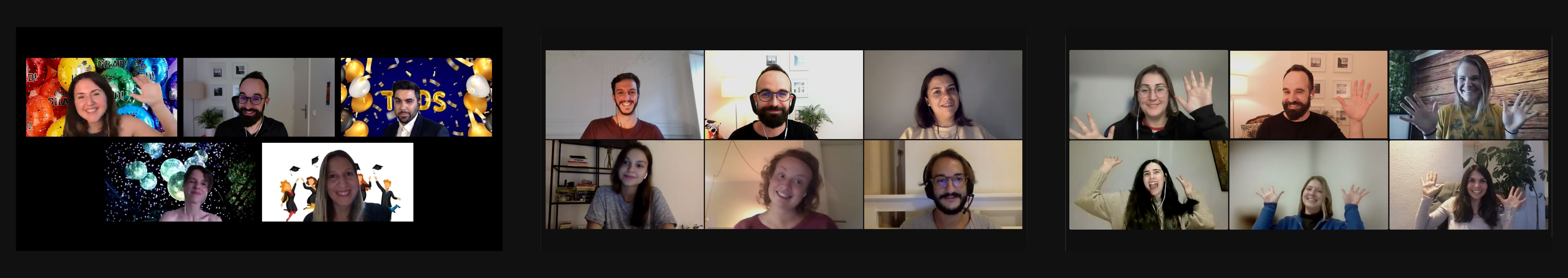 Three video-call screenshots from the online school: a graduation call with virtual backgrounds, a class of six smiling on camera, and a group waving at the screen.