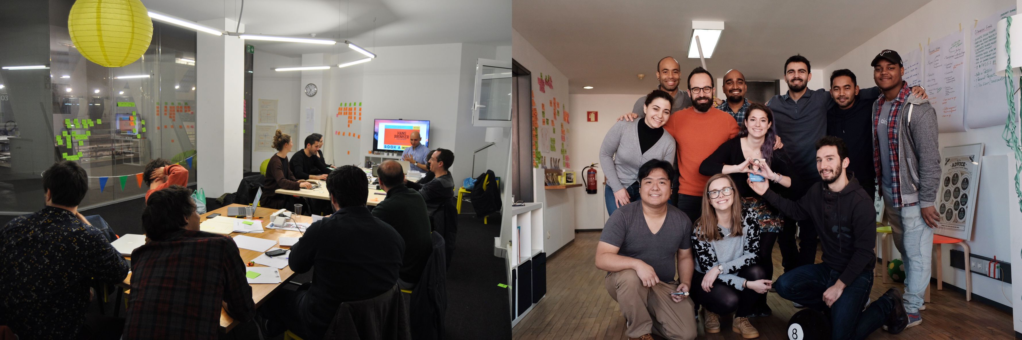 Two photos from the in-person school: students and a guest speaker around a table covered in sticky notes, and a group of students and teachers posing together.