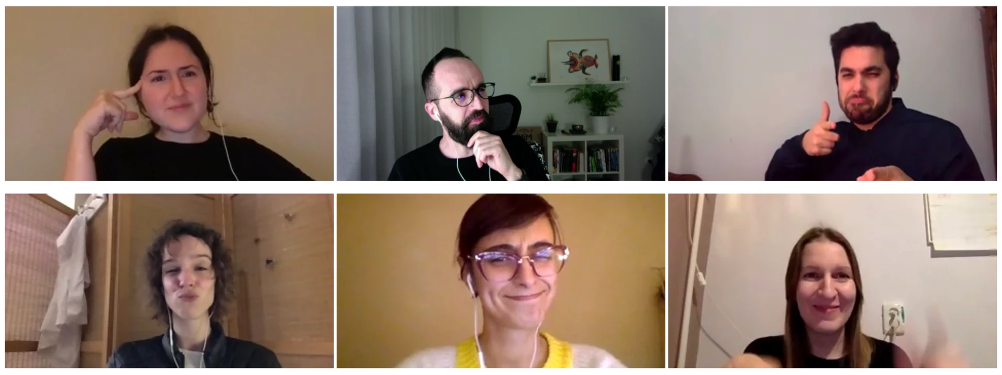 Six people on a video call during an online class with Teresa Faria