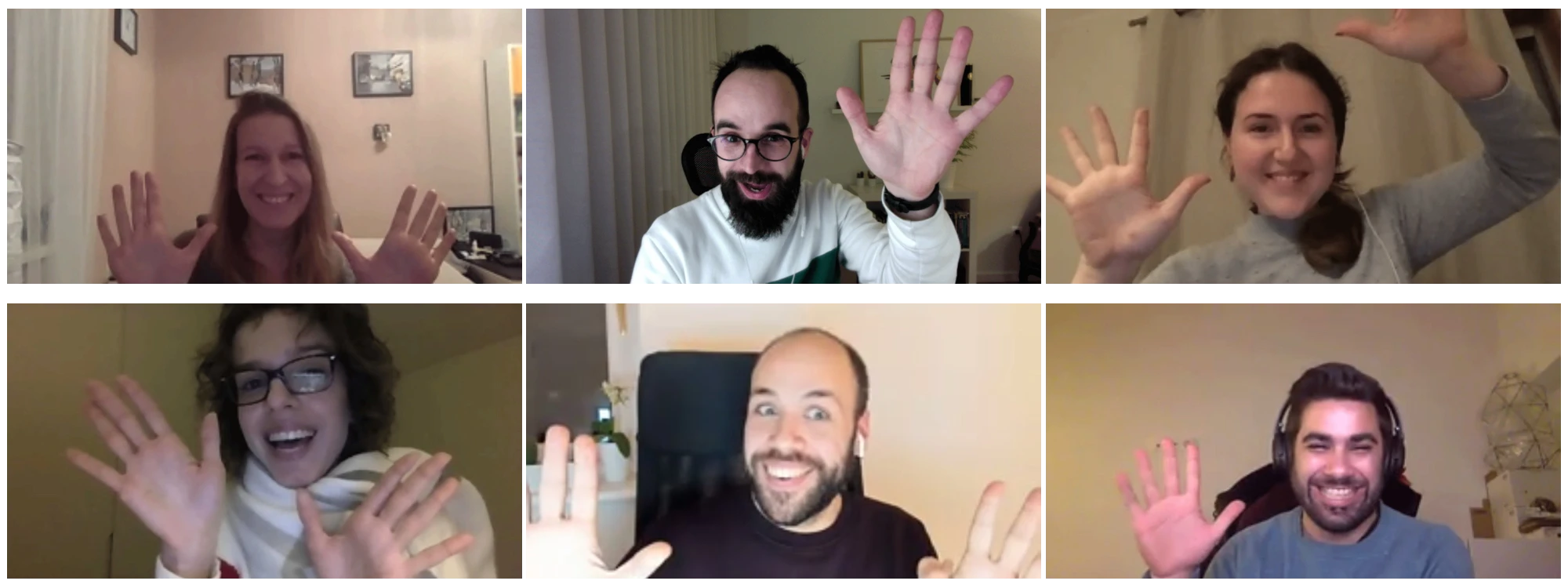 Six people wave at the camera on a video call during a Guest View session with Igor Pascoal
